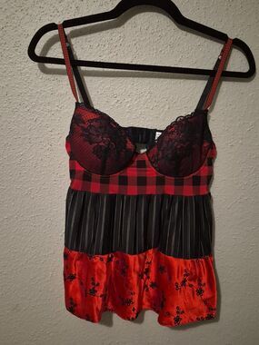 Rampage Red Black Check Embroidered Floral Striped Middle Boned Bustier Size 36B